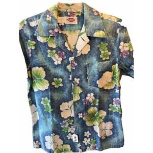 Pomare Vintage Men’s Small Blue Floral Polyester SS Button Down Hawaiian Shirt
